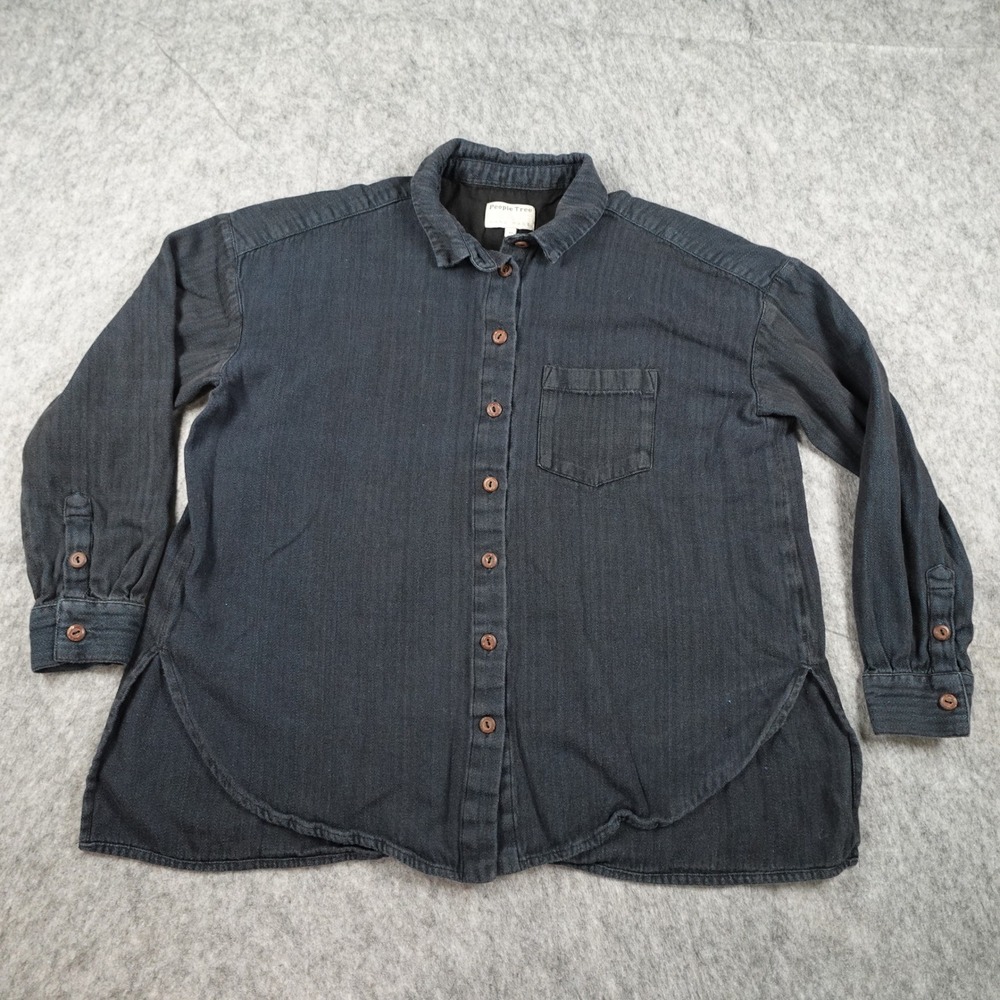 People Tree Top Women Medium Black Organic Cotton Handmade Craft Button Down